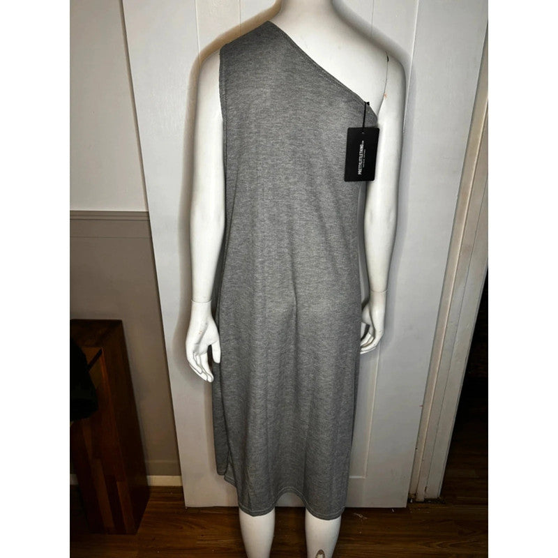 New PLT Grey Ribbed One Shoulder Midi Dress Size 30