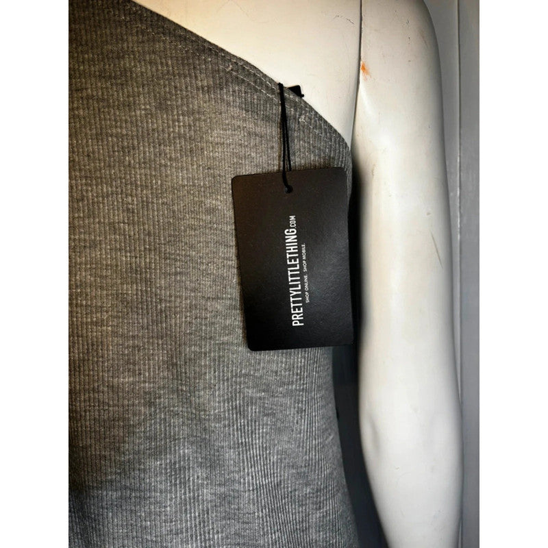 New PLT Grey Ribbed One Shoulder Midi Dress Size 30