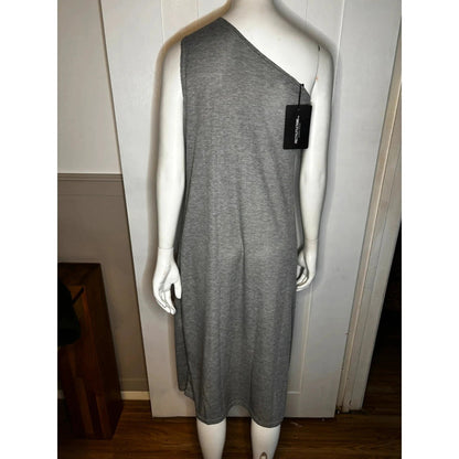 New PLT Grey Ribbed One Shoulder Midi Dress Size 30